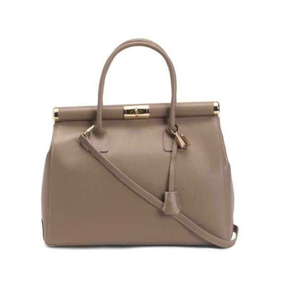 GAVE LUX Taupe Made In Italy Leather Ladylike Top Frame Satchel
